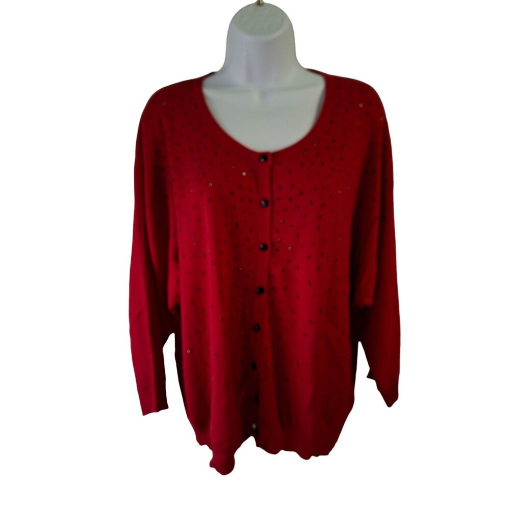 Rafaella Red Studded Cardigan Sweater XL Glam Retro Holiday Preppy